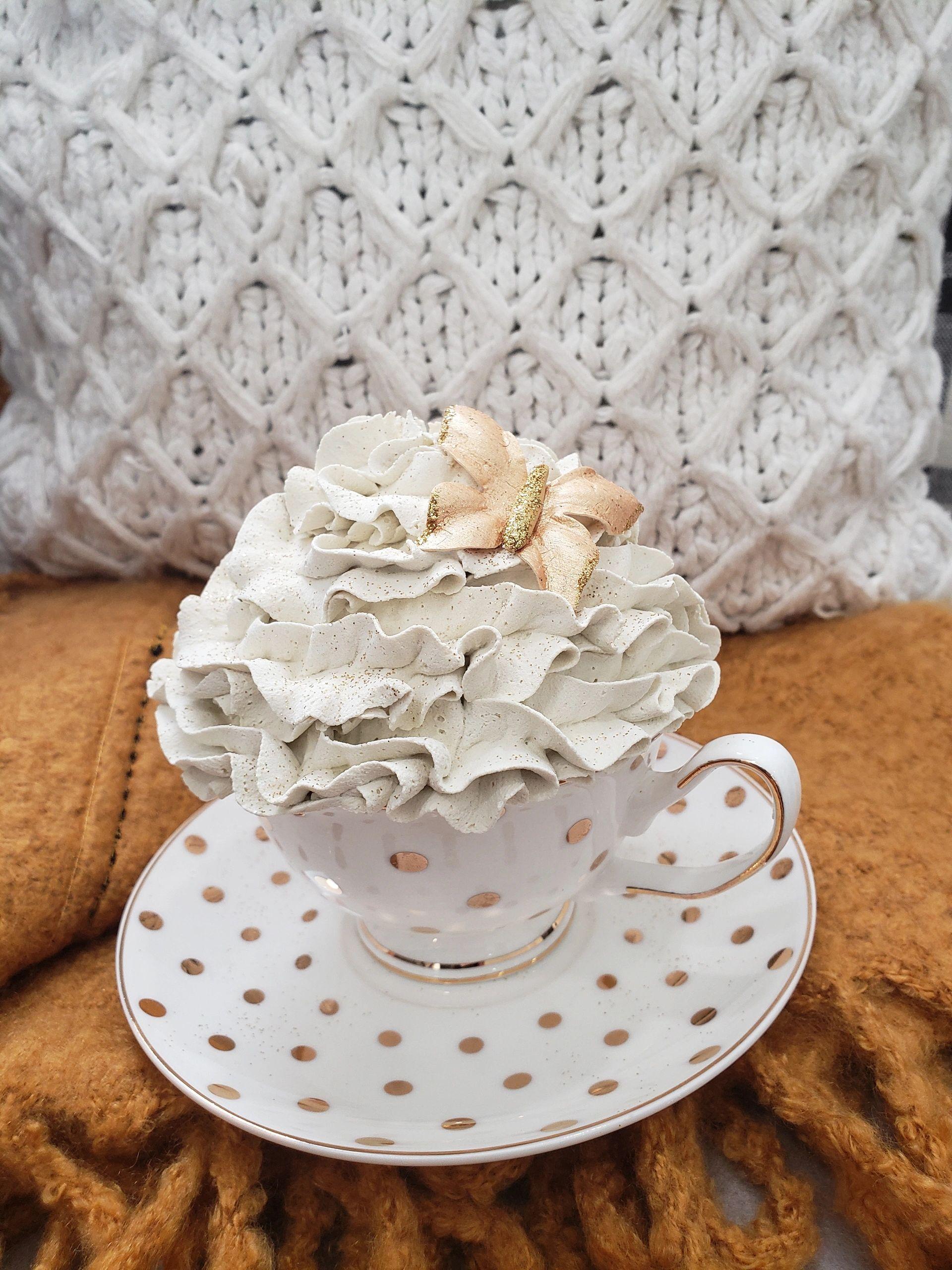 Pip Posh Design Faux Sweet Décor Golden Polka Dot Tea Cup & Whipped Ivory Golden Butterfly Collection