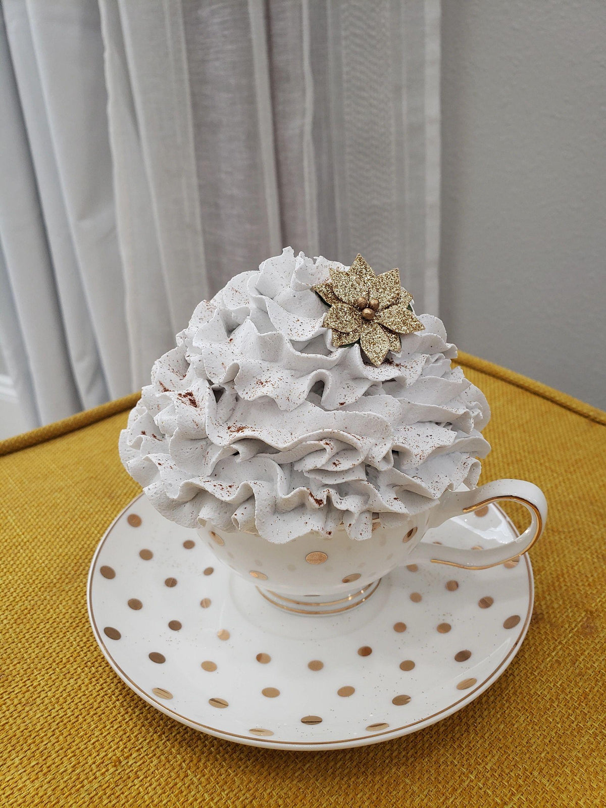 Pip Posh Design Faux Sweet Décor Golden Polka Dot Tea Cup and Whipped Golden Flower Collection