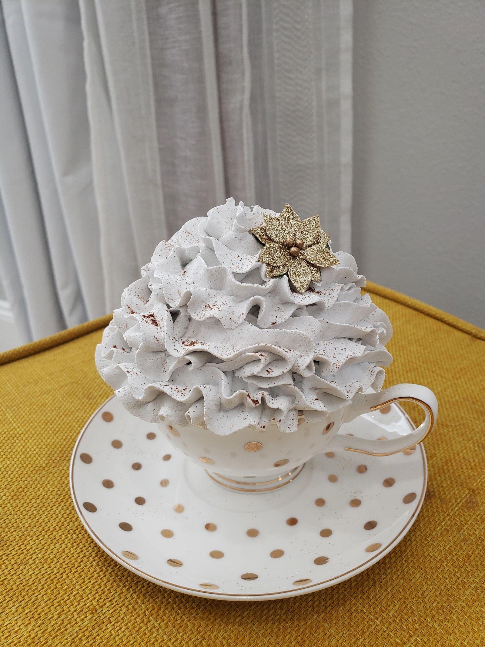 Pip Posh Design Faux Sweet Décor Golden Polka Dot Tea Cup and Whipped Golden Flower Collection