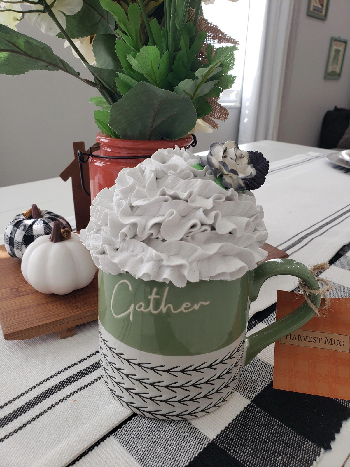 Pip Posh Design Faux Sweet Décor &quot;Gather&quot; Mug &amp; Whipped Black &amp; White Rose Topper Collection