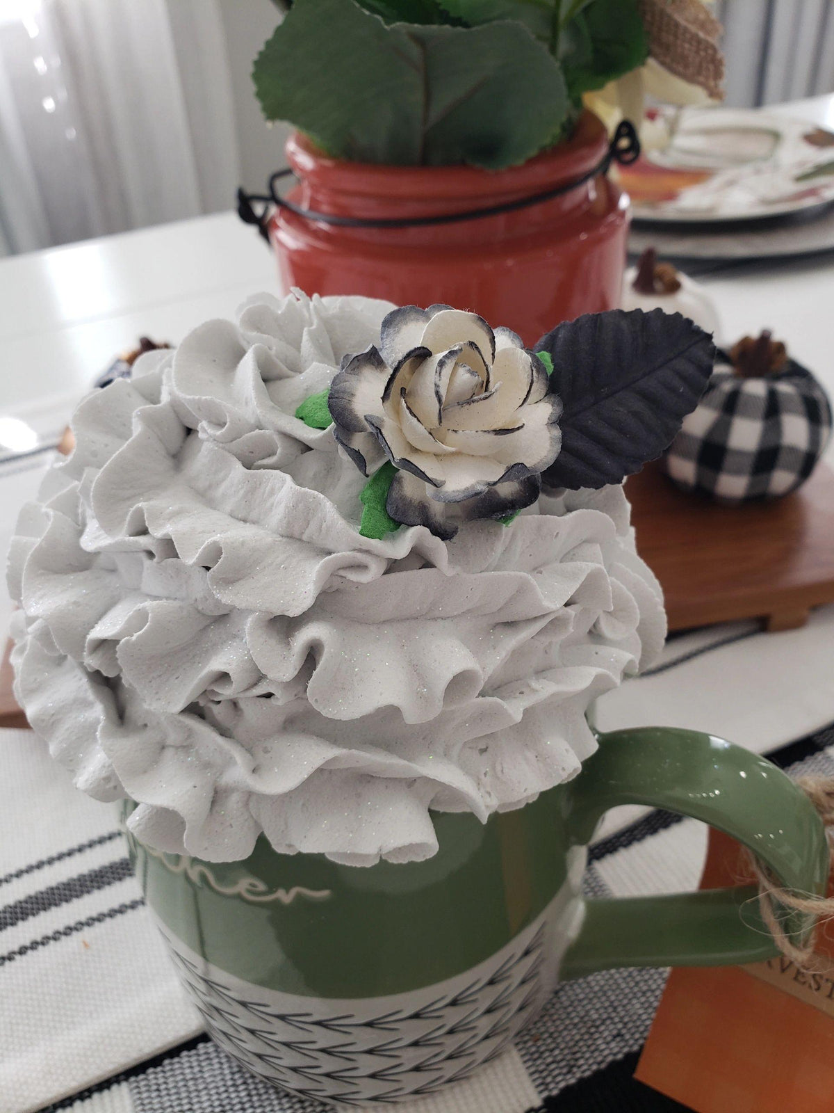 Pip Posh Design Faux Sweet Décor &quot;Gather&quot; Mug &amp; Whipped Black &amp; White Rose Topper Collection