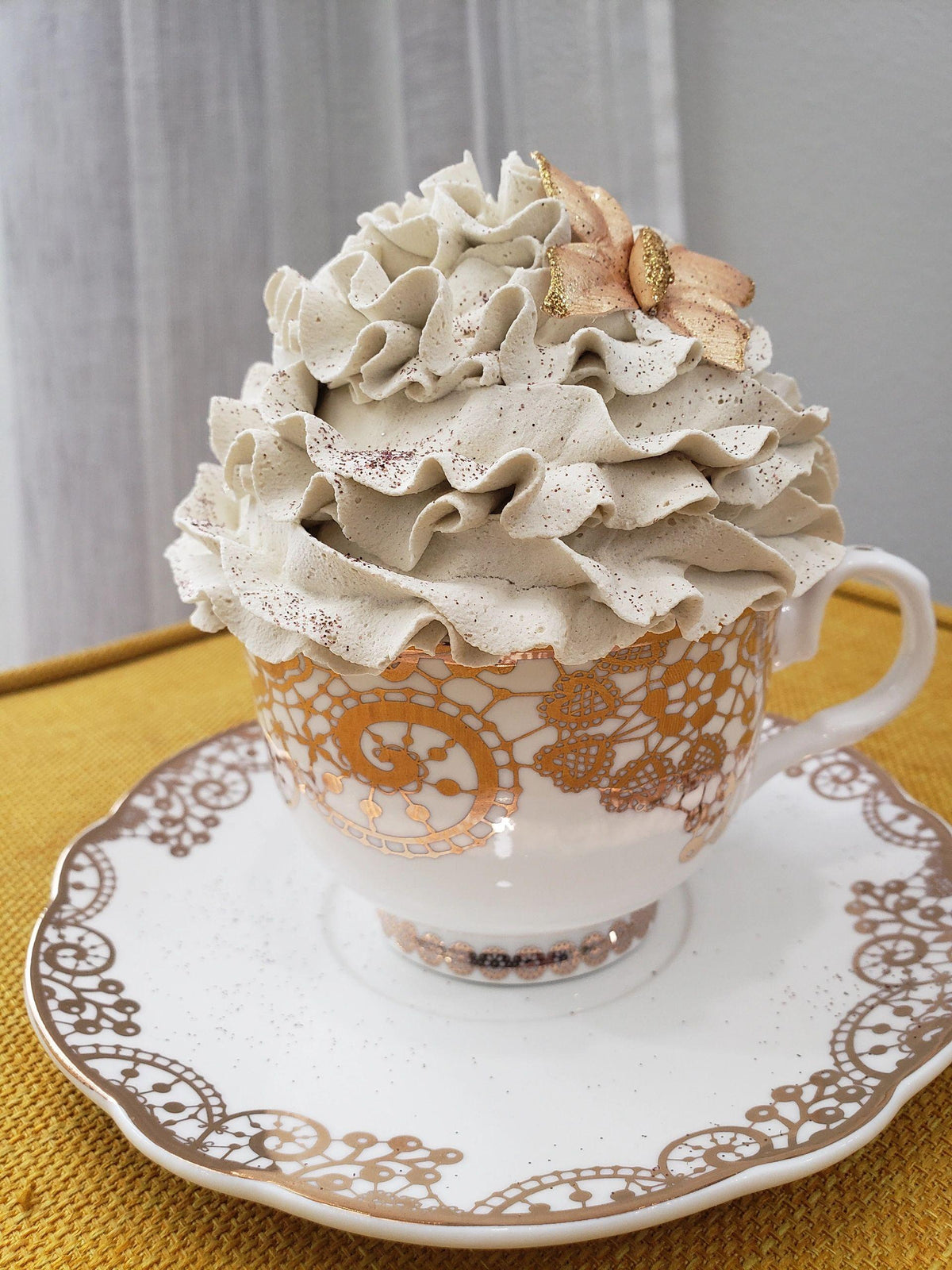 Pip Posh Design Faux Sweet Décor Golden Laced Tea Cup &amp; Ivory Butterfly Whipped Topper Collection