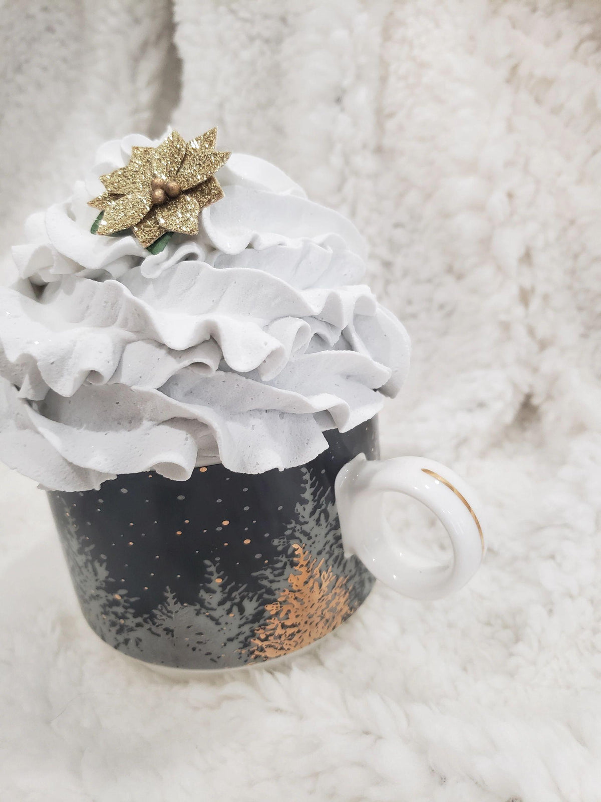 Pip Posh Design Faux Sweet Décor Winter Trees Mug and Whipped Golden Flower Collection