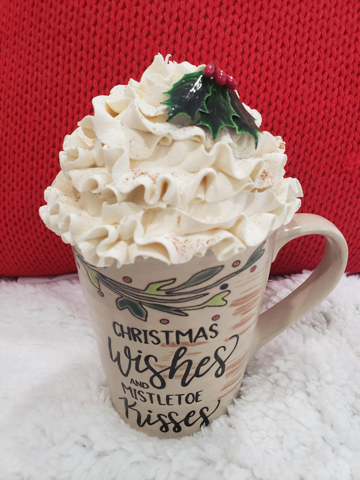 Pip Posh Design Faux Sweet Décor &quot;Christmas Wishes and Mistletoe Kisses&quot; Mug and Ivory Whipped Topper