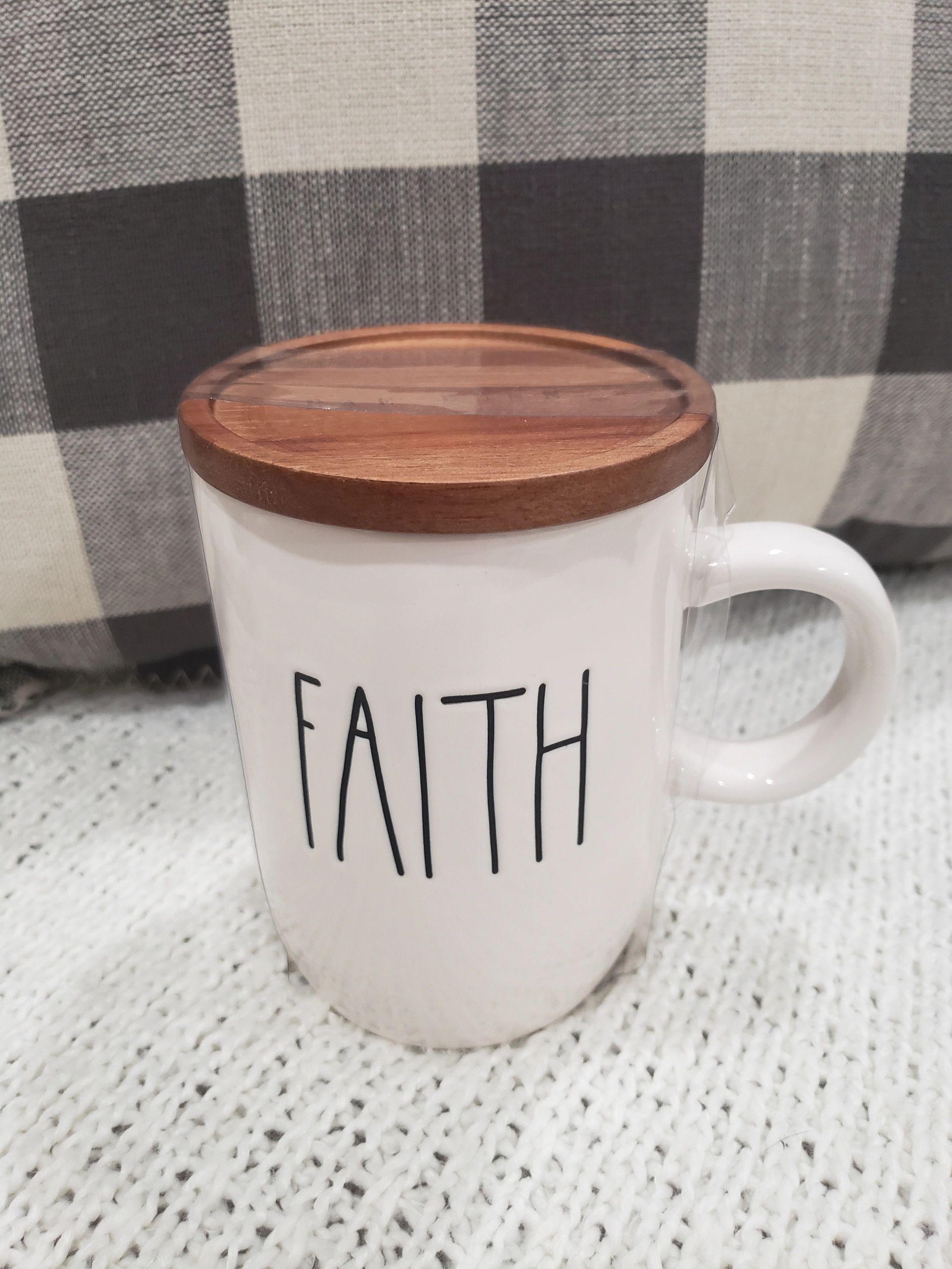 Rae Dunn "Faith" White Mug and Wooden Lid Warmer Collection