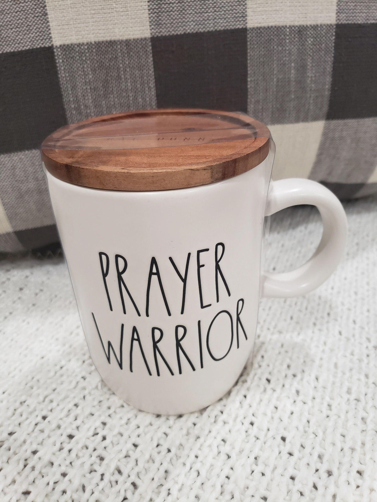 Rae Dunn &quot;Prayer Warrior&quot; White Mug and Wooden Lid Warmer Faith Collection