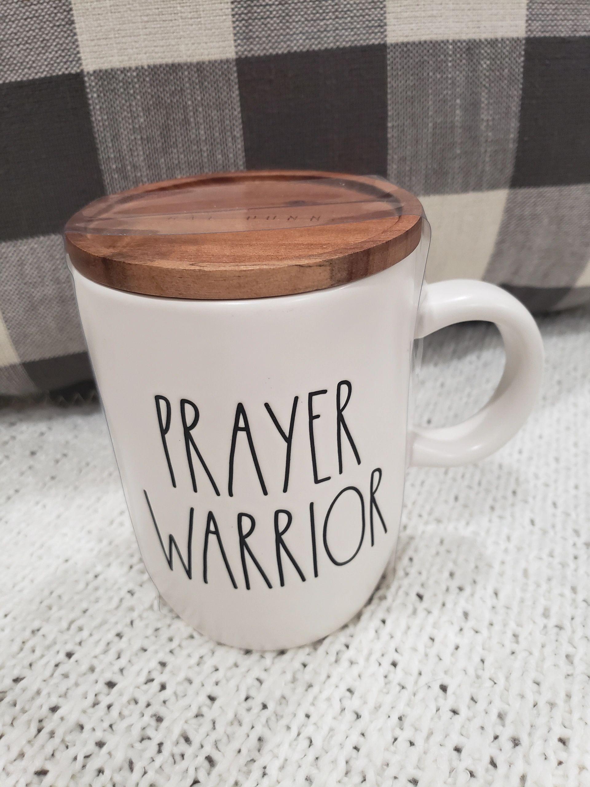 Rae Dunn "Prayer Warrior" White Mug and Wooden Lid Warmer Faith Collection