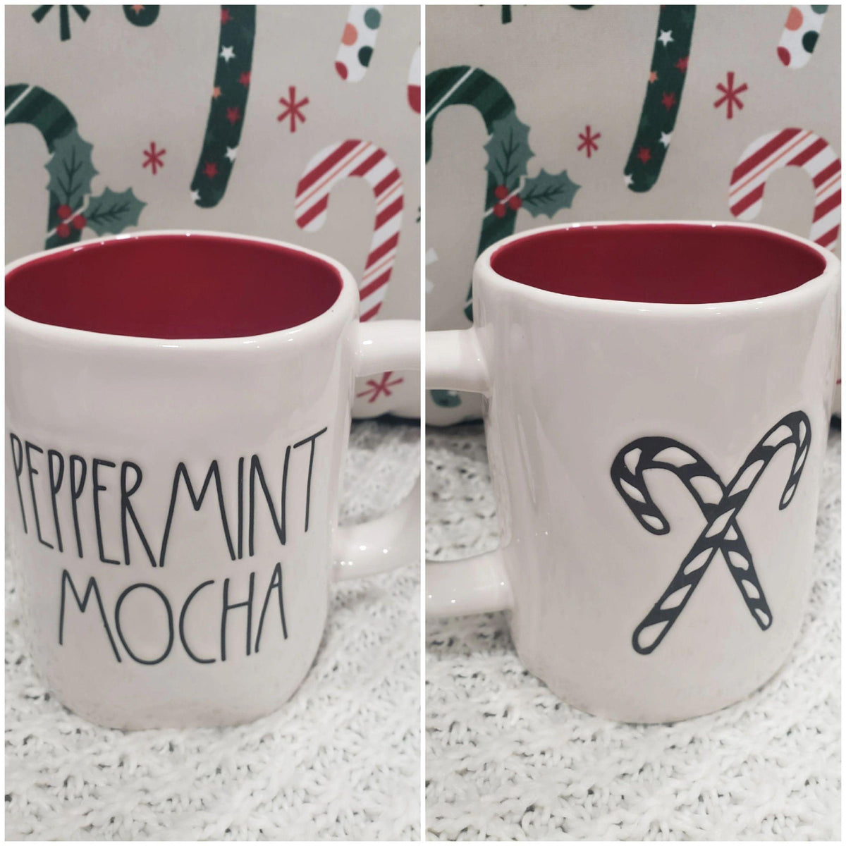 Rae Dunn &quot;Peppermint Mocha&quot; Candy Cane Double Sided Holiday Mug Collection