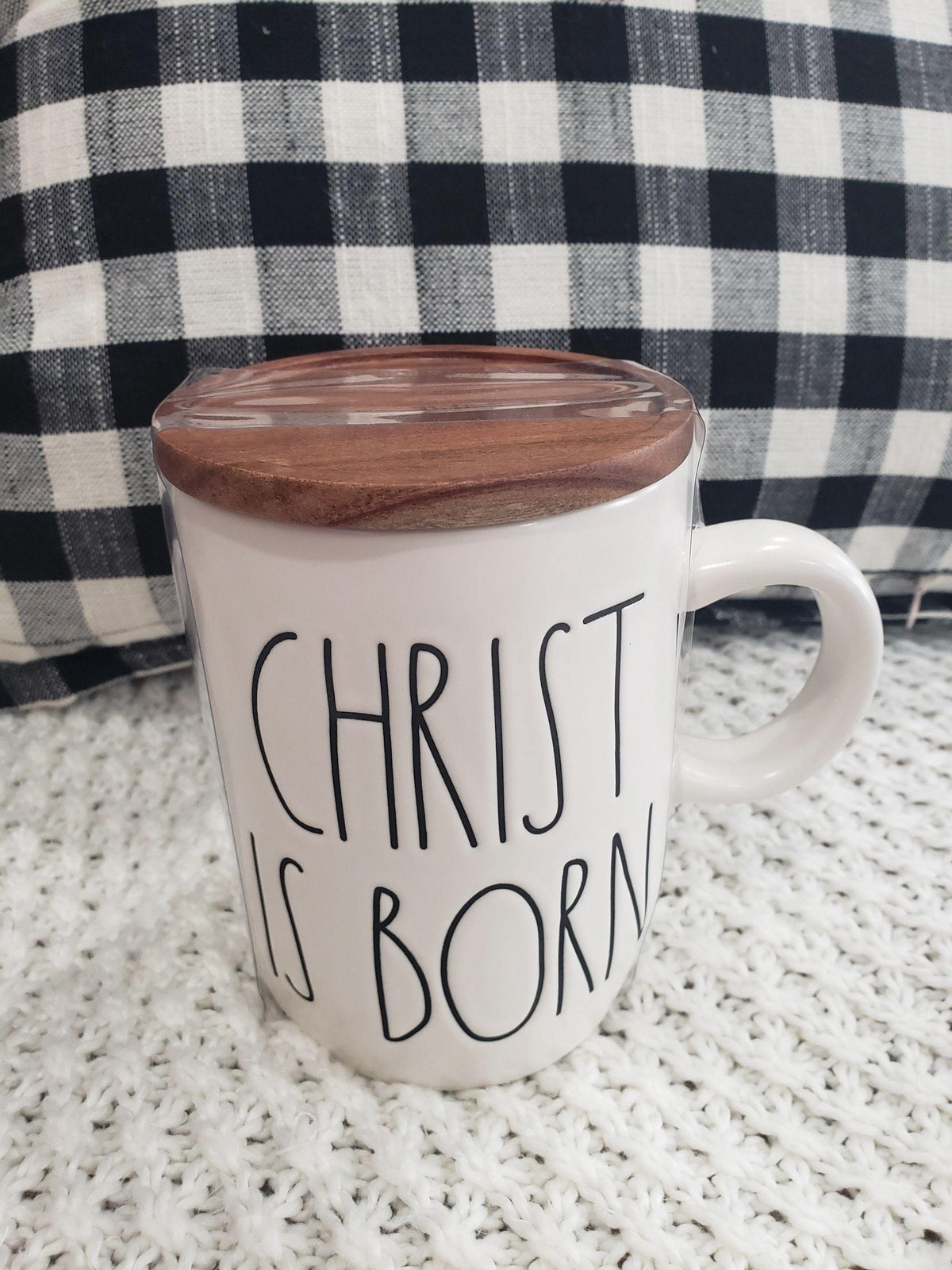 Rae Dunn &quot;Christ Is Born&quot; White Mug and Wooden Lid Warmer Faith Collection