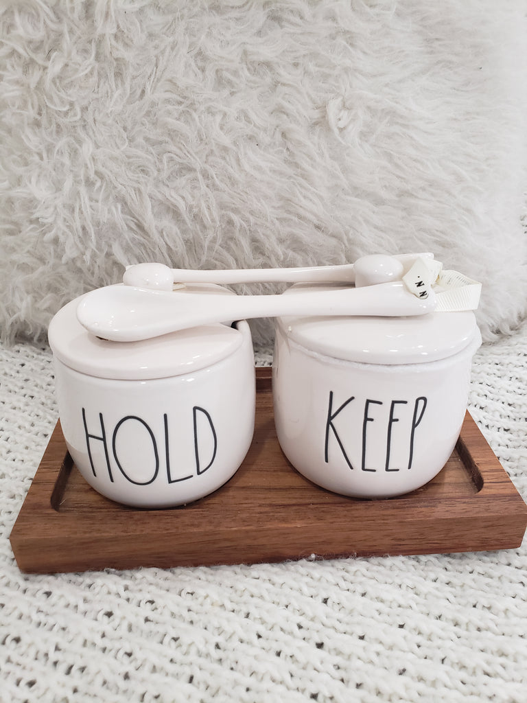 Rae Dunn HOLD & KEEP Jars w/ Spoon & Wooden hotsell Base