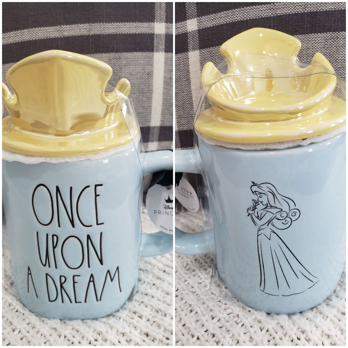 Rae Dunn &quot;Once Upon A Dream&quot; Powder Blue Double Sided Mug &amp; Yellow Crown Lid Warmer Princess Collection
