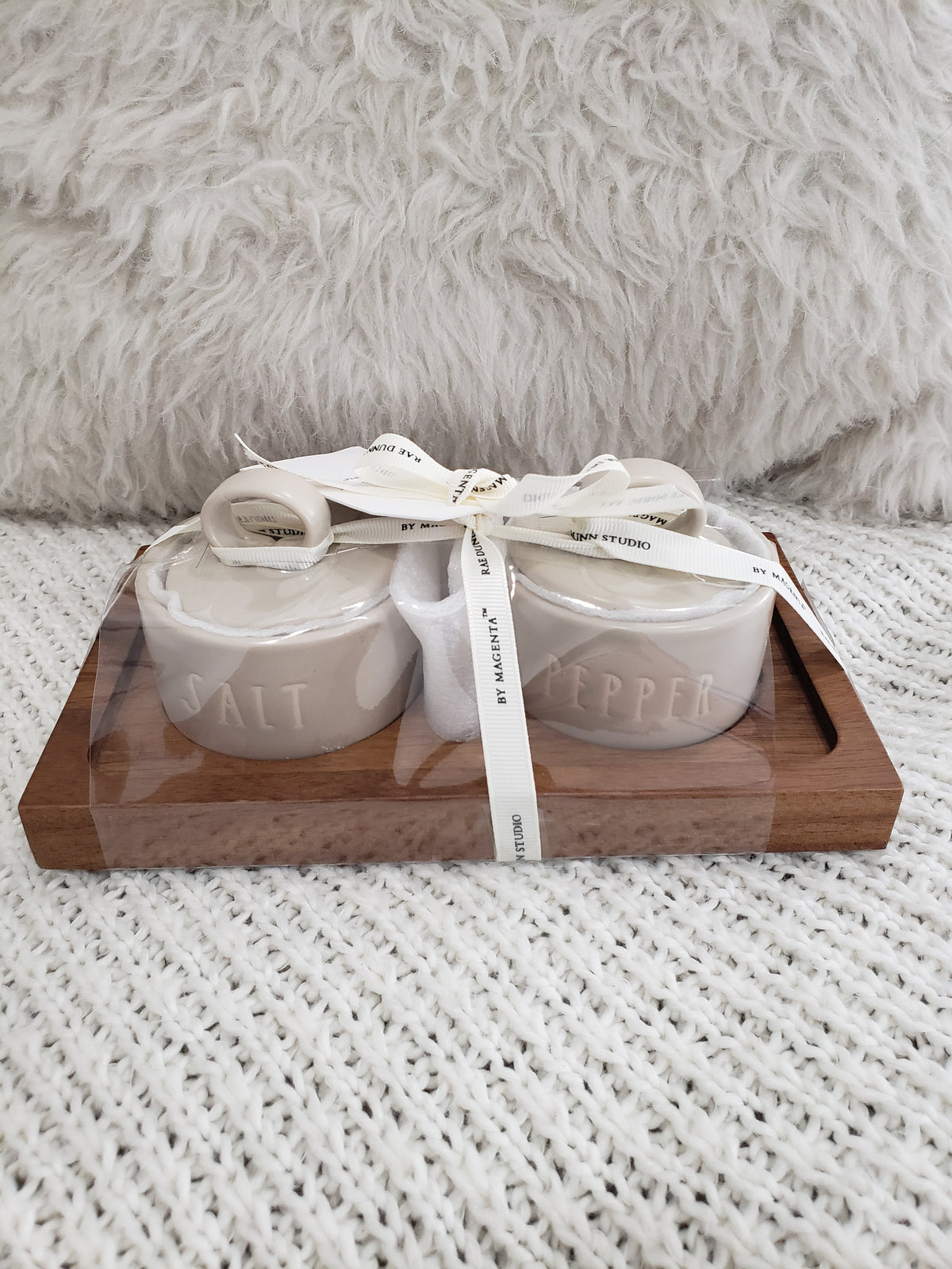 Rae Dunn &quot;Salt &amp; Pepper&quot; Gray Jars On A Wooden Server Studio Collection