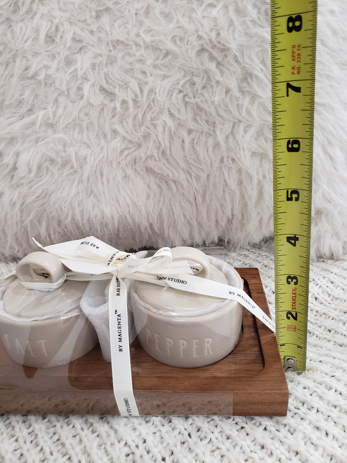 Rae Dunn &quot;Salt &amp; Pepper&quot; Gray Jars On A Wooden Server Studio Collection