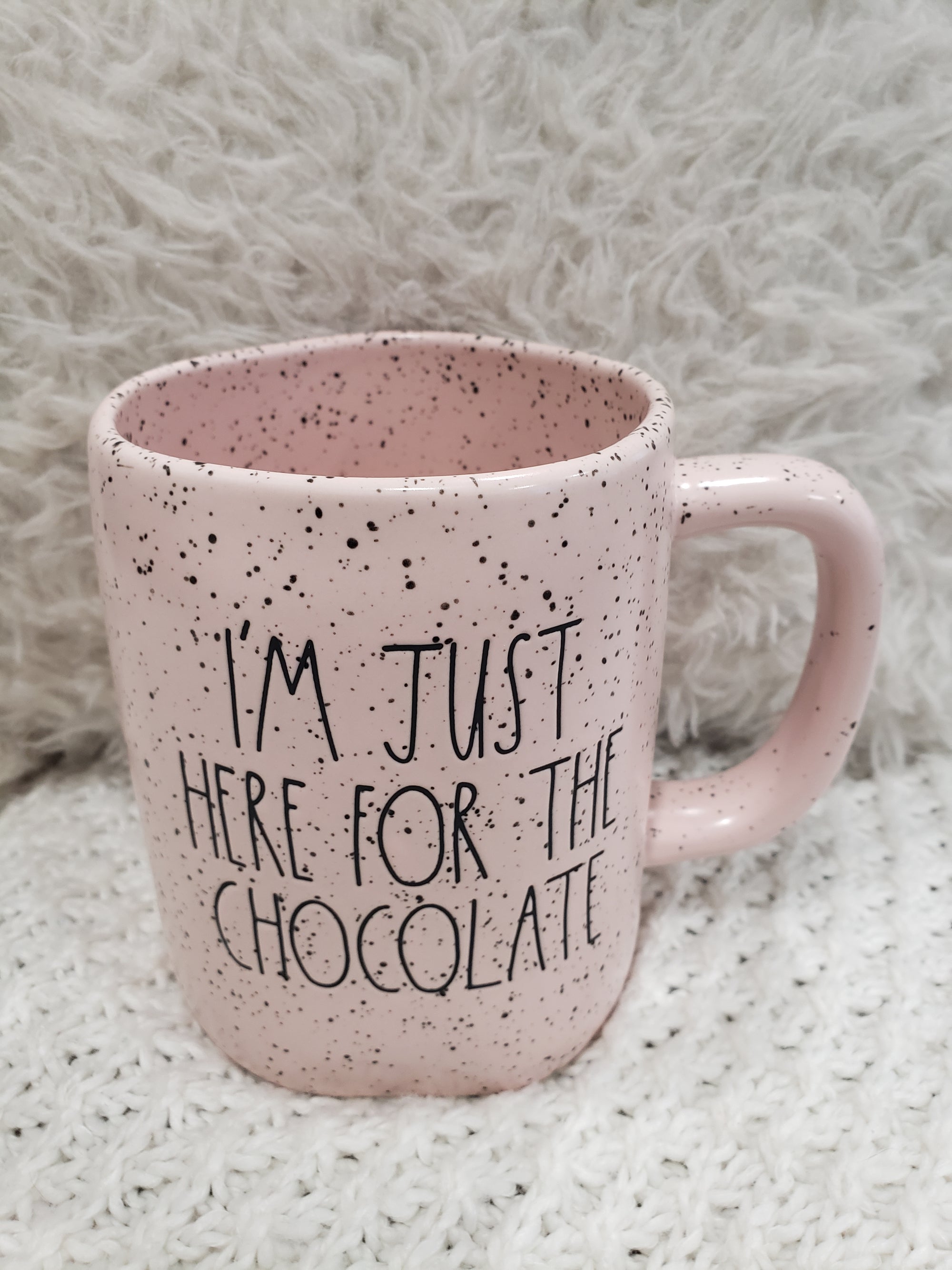 Rae Dunn " I'm Just Here For The Chocolate" Pink Speckled Mug Spring Collection