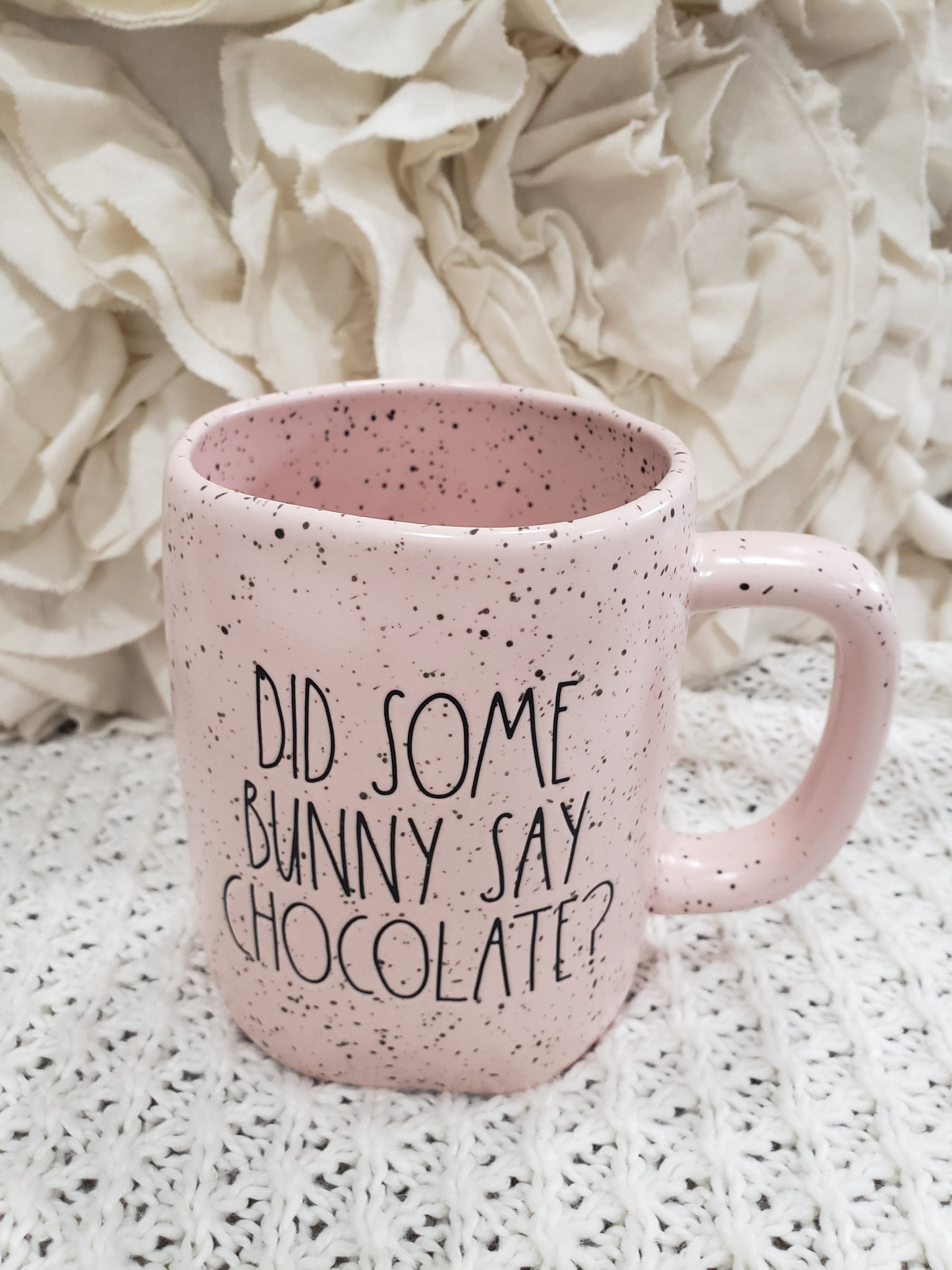 Rae Dunn "Did Some Bunny Say Chocolate?" Pink Speckled Mug Spring Collection