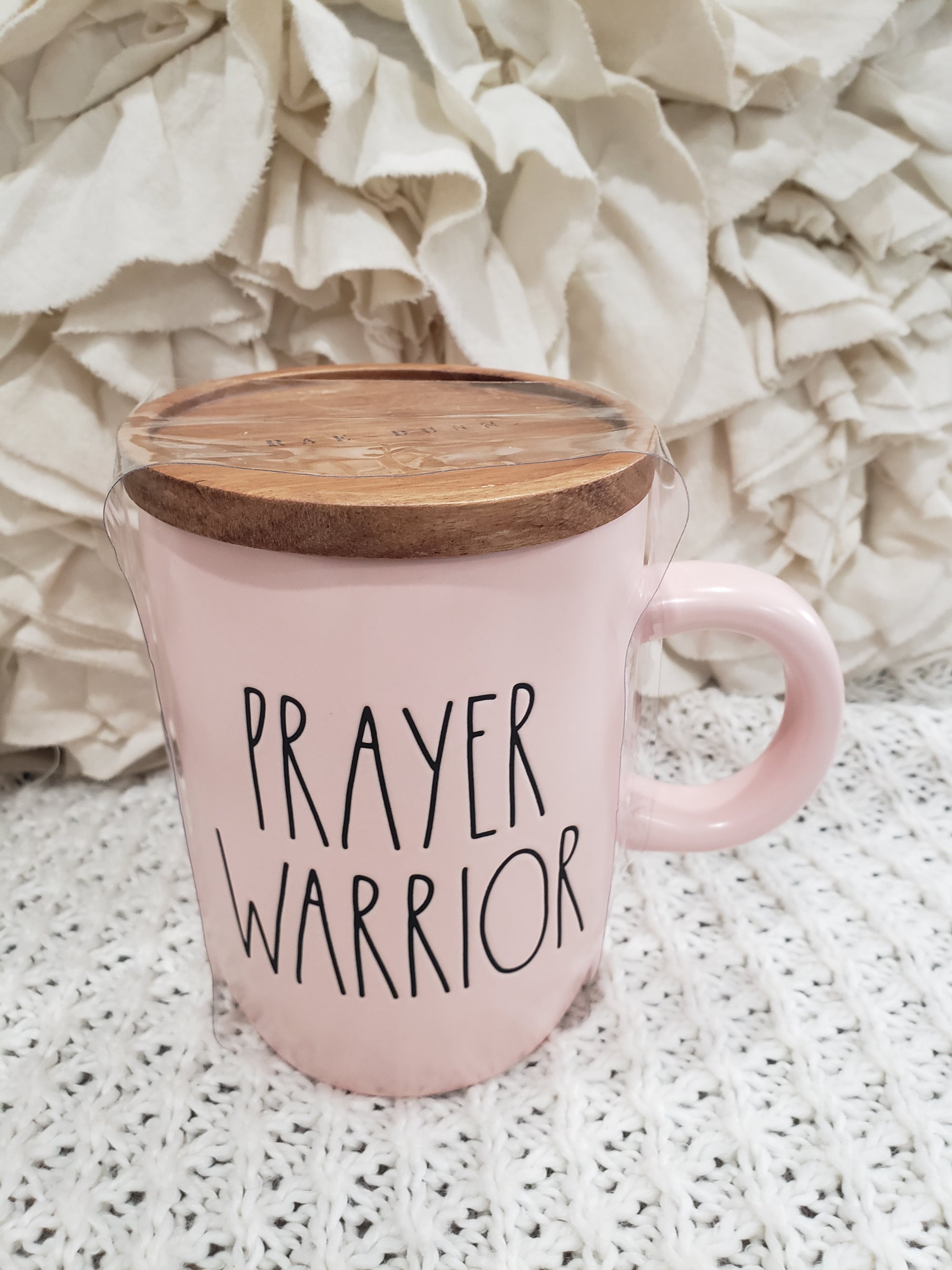 Rae Dunn "Prayer Warrior" Powder Pink Mug and Wooden Lid Warmer Collection