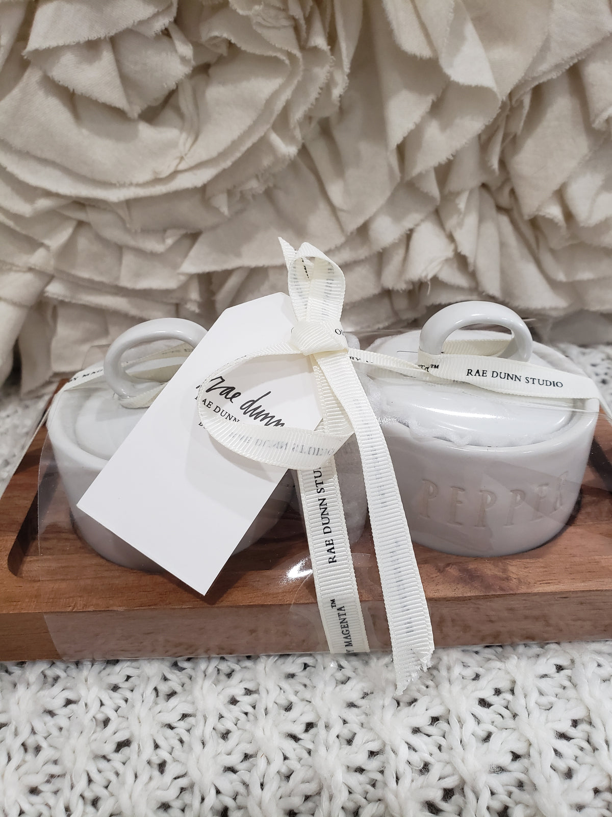 Rae Dunn &quot;Salt &amp; Pepper&quot; White Jar&#39;s On A Wooden Server Studio Collection