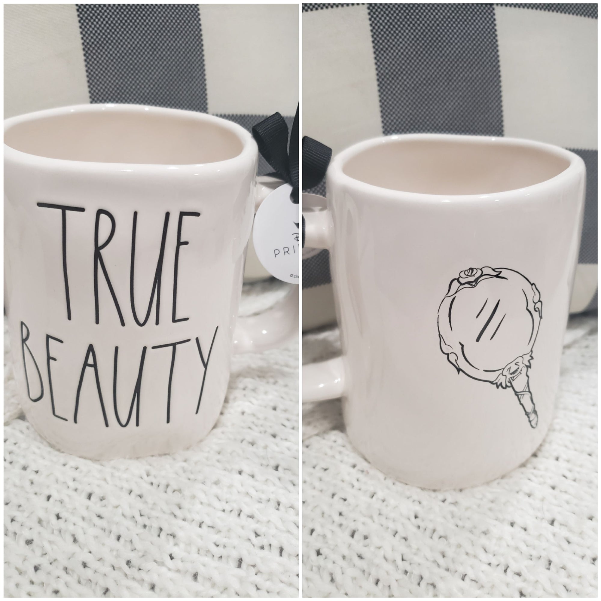 Rae Dunn "True Beauty" Mirror White Double Sided Mug Disney Beauty & The Beast Princess Collection