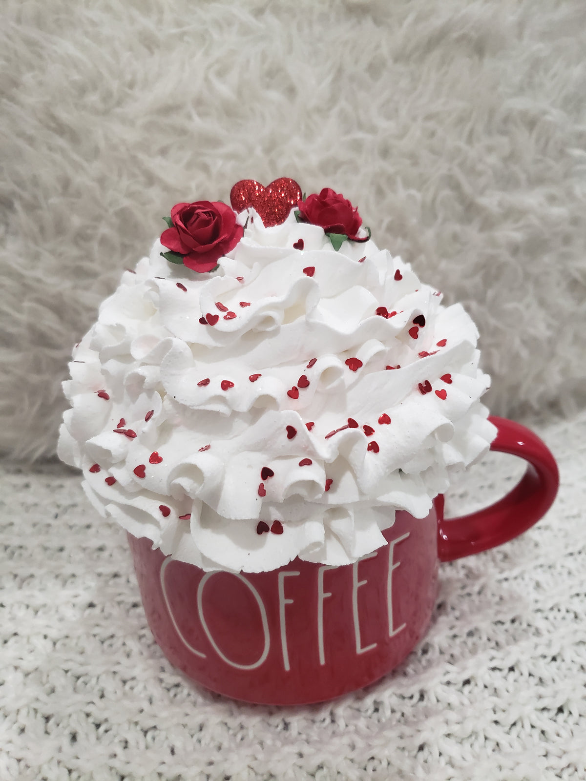 Rae Dunn &quot;Coffee&quot; Red Mug &amp; Pip Posh Designs Faux Sweet Décor Whipped Heart Topper Collection