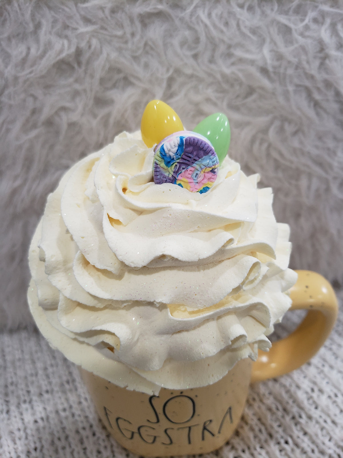 Rae Dunn &quot;So Eggstra&quot; Yellow Mug &amp; Pip Posh Design Faux Sweet Décor Whipped Ivory Topper Collection