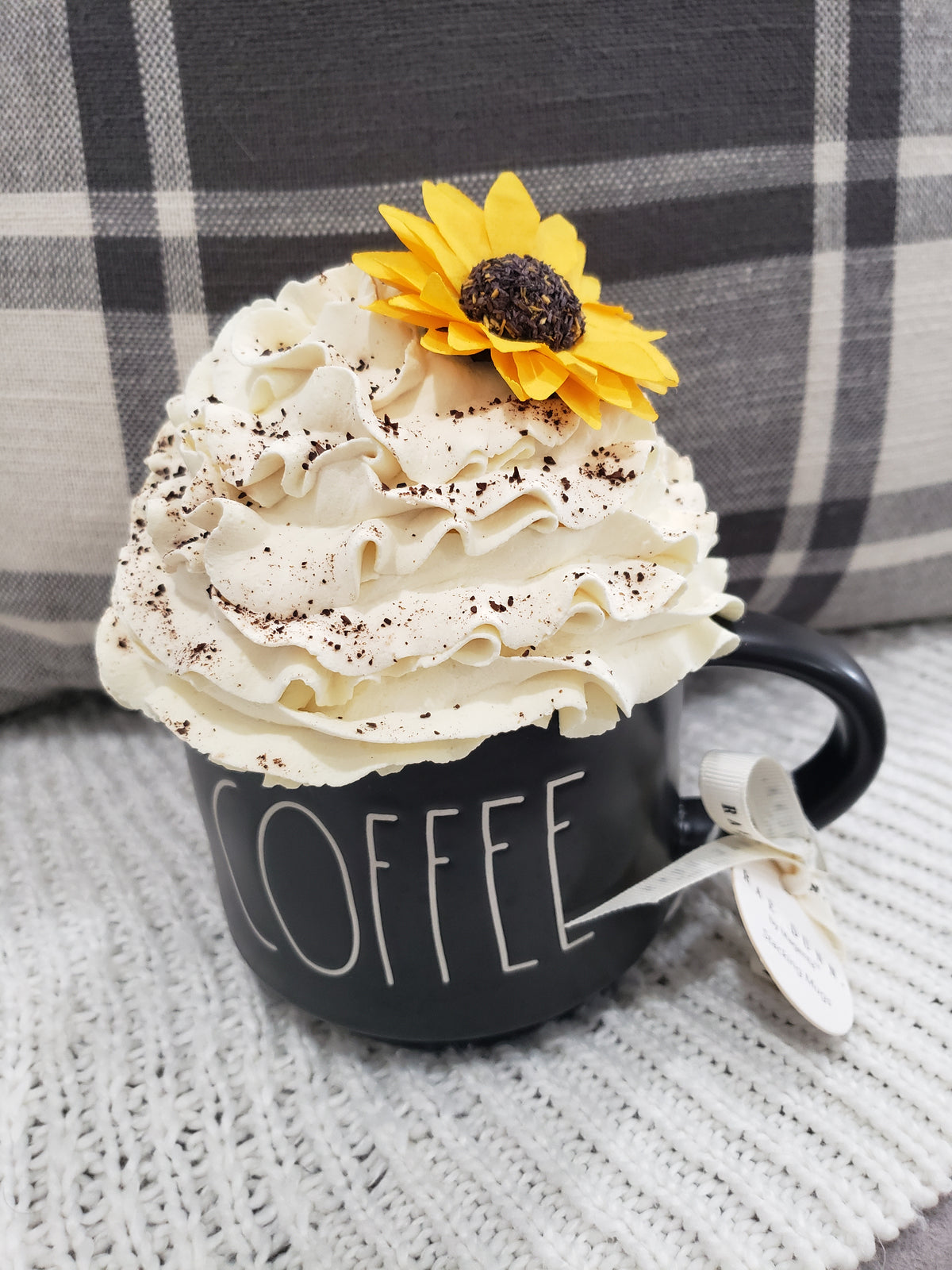 Rae Dunn &quot;Coffee&quot; Black Mug &amp; Pip Posh Faux Sweet Décor Ivory Sunflower Whipped Topper Collection