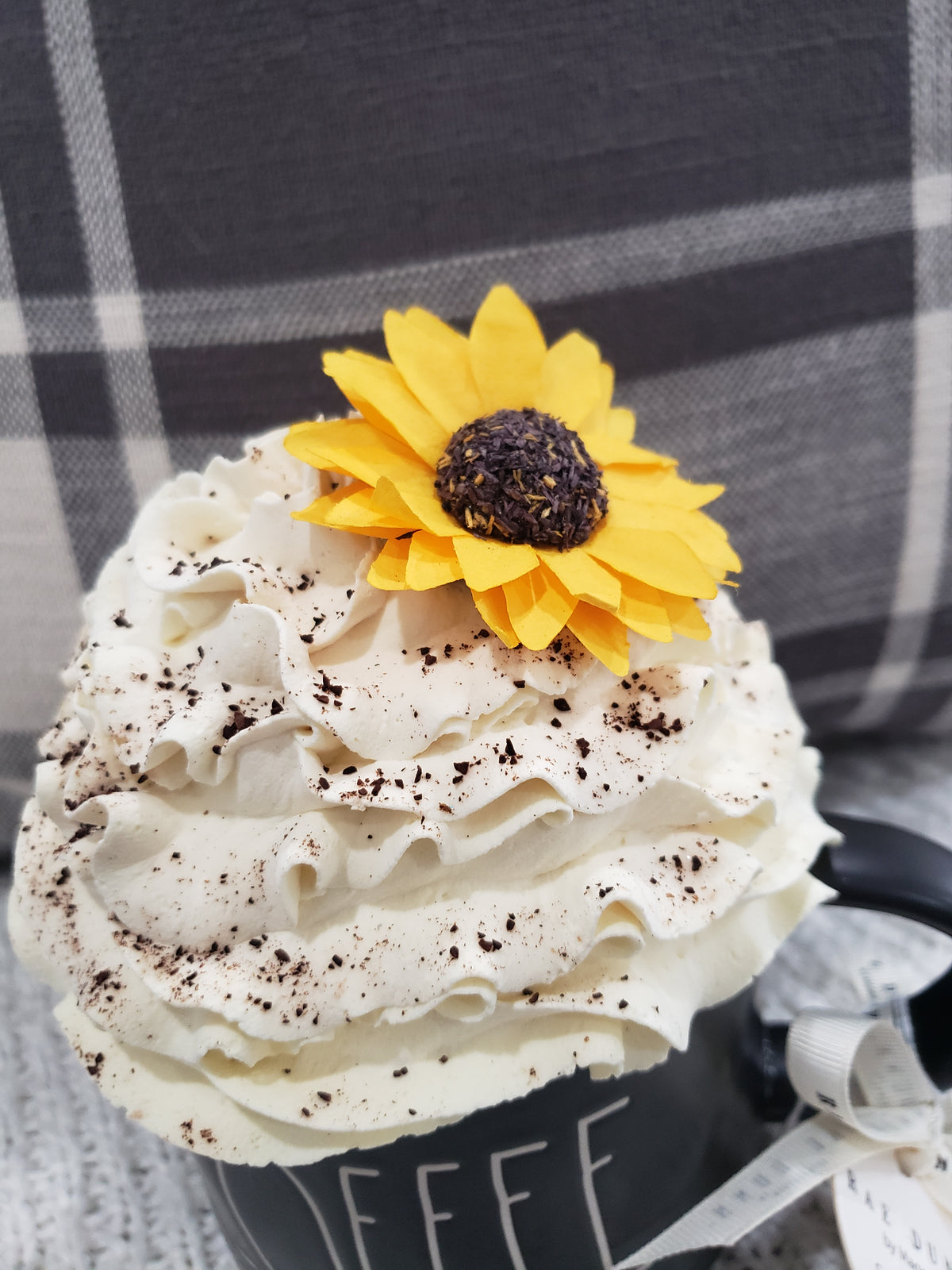 Rae Dunn &quot;Coffee&quot; Black Mug &amp; Pip Posh Faux Sweet Décor Ivory Sunflower Whipped Topper Collection