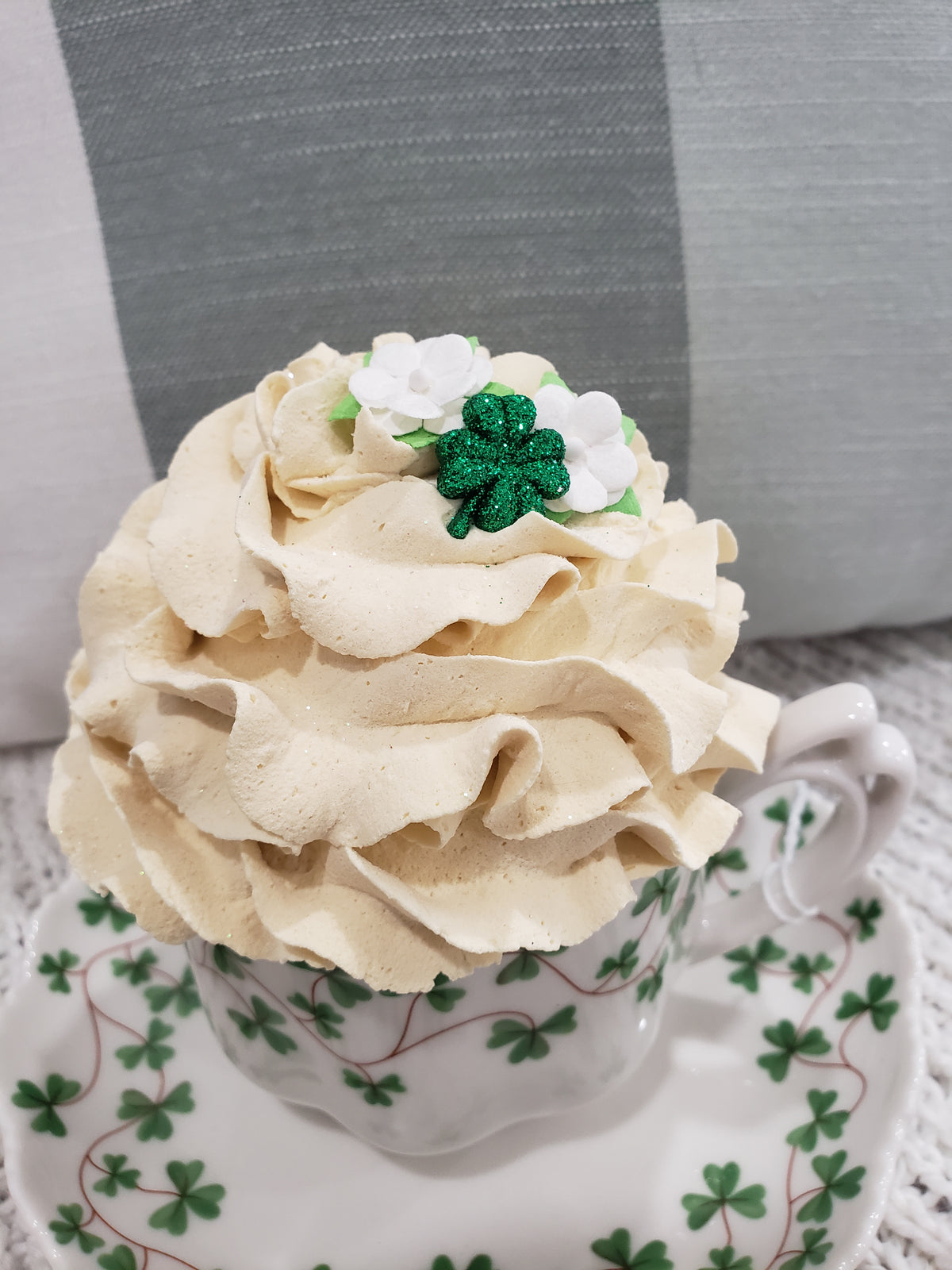 Pip Posh Designs Faux Sweet Décor Shamrock Tea Cup &amp; Ivory Whipped Topper Shamrock Collection