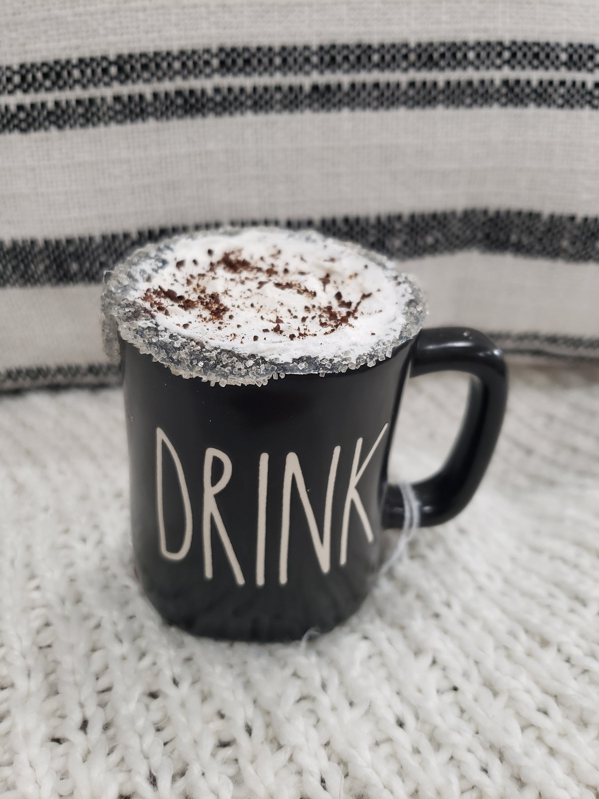 Rae Dunn &quot;Drink&quot; Black Mini Mug &amp; Pip Posh Design Faux Sweet Décor Sugar Rim Whipped Collection