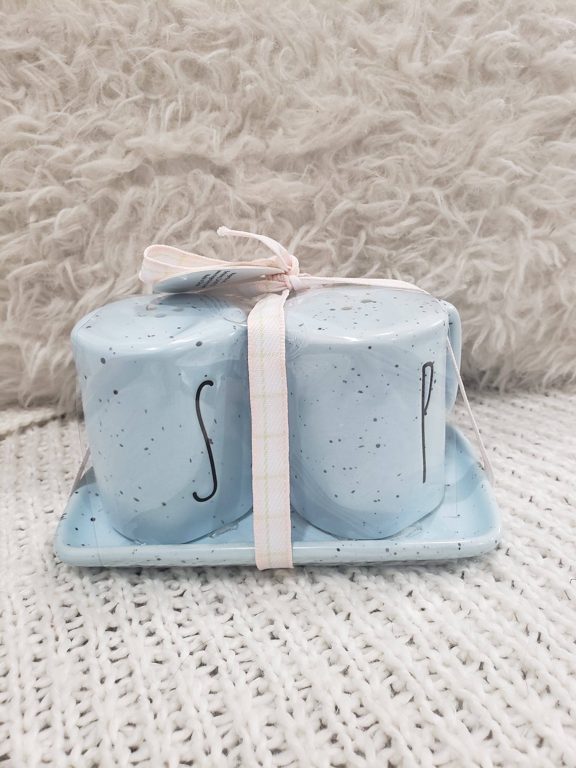 Rae Dunn "S & P" Speckled Powder Blue Salt and Pepper Shakers With Handles Set