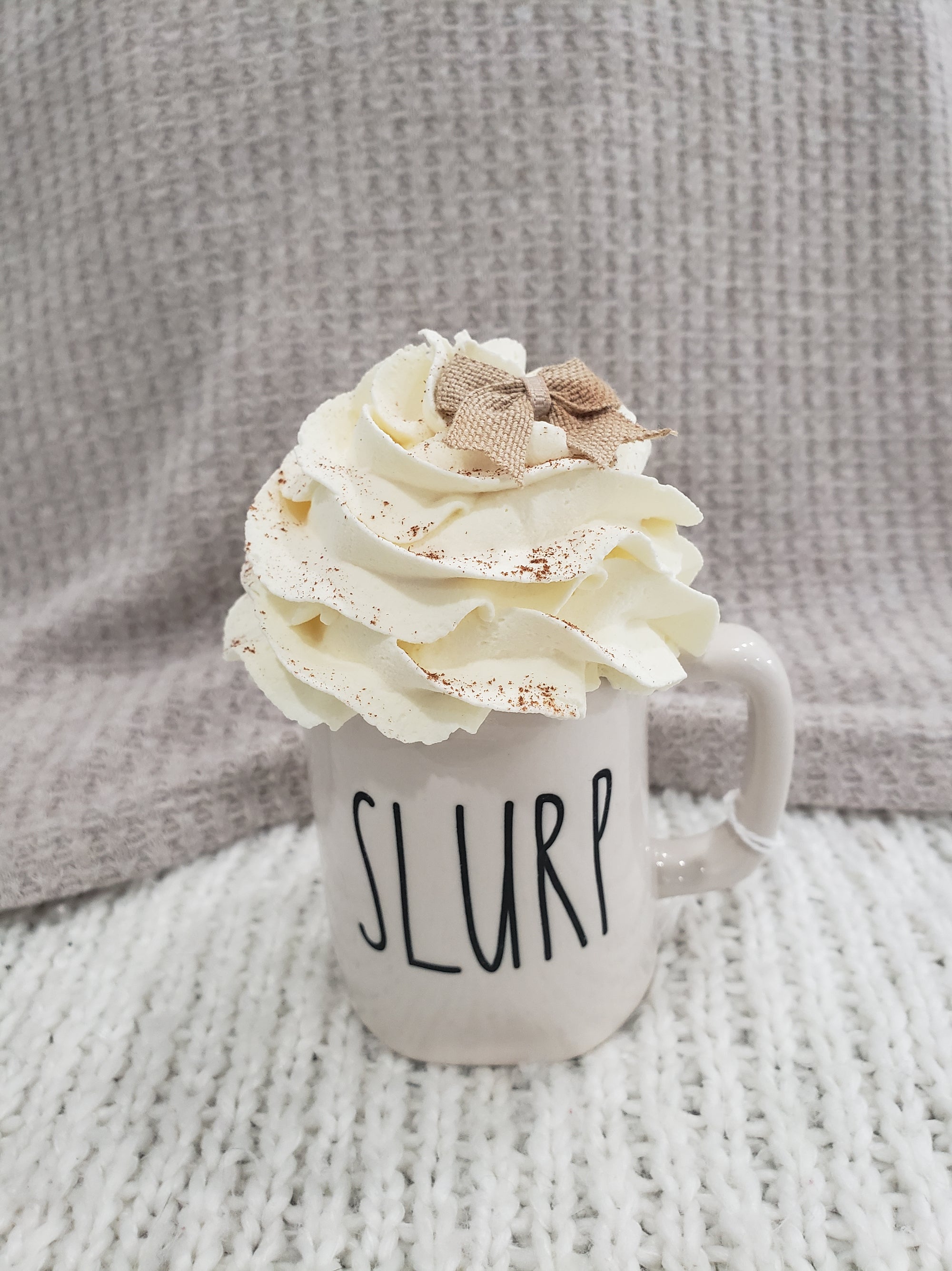 Rae Dunn "Slurp" White Mini Mug & Pip Posh Design Faux Sweet Décor Burlap Whipped Topper Collection