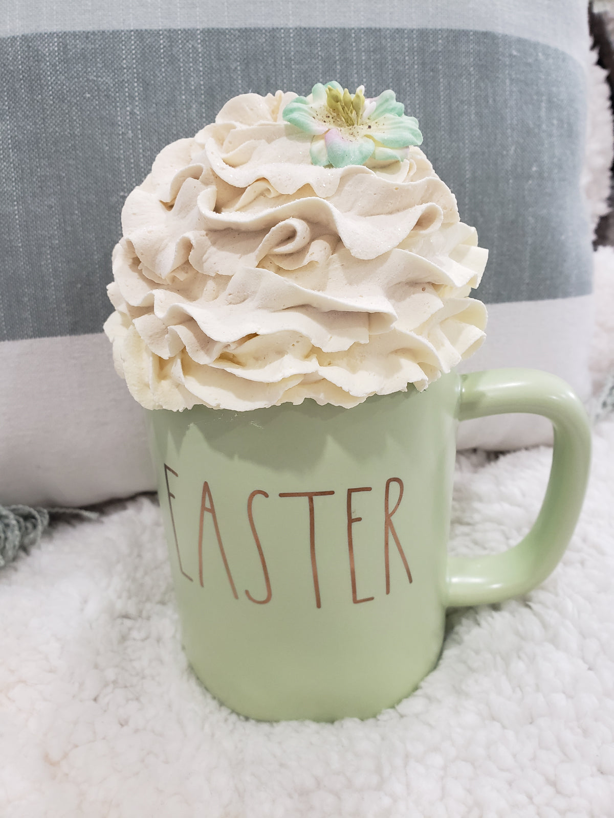 Rae Dunn &quot;Easter&quot; Powder Green Mug &amp; Pip Posh Design Faux Sweet Décor Whipped Ivory Topper Collection