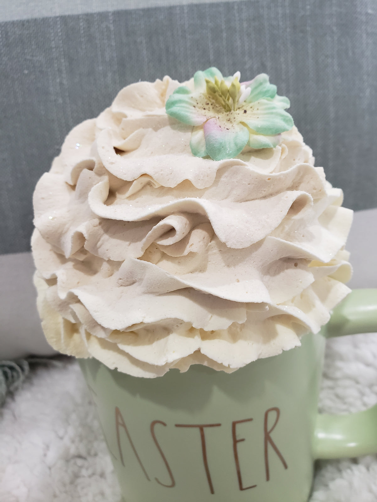 Rae Dunn &quot;Easter&quot; Powder Green Mug &amp; Pip Posh Design Faux Sweet Décor Whipped Ivory Topper Collection
