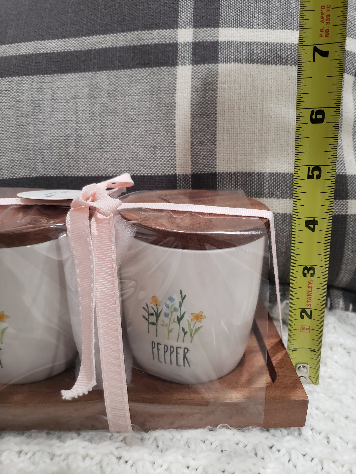 Rae Dunn &quot;Salt &amp; Pepper&quot; Flowers White Cellars On A Wooden Server Spring Collection