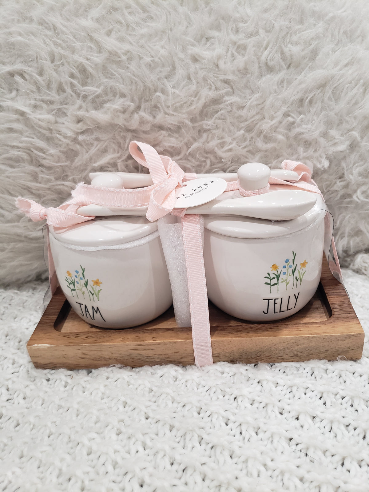 Rae Dunn &quot;Jam &amp; Jelly&quot; White Jars On A Wooden Server Spring Collection