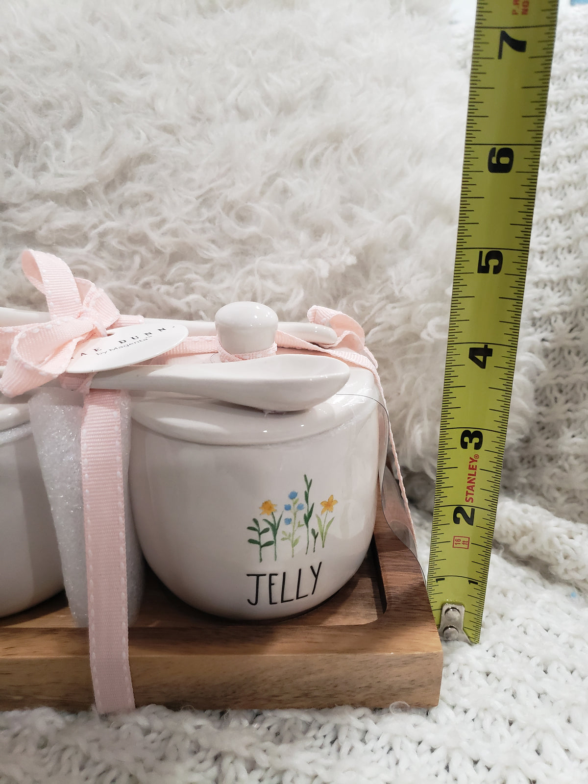 Rae Dunn &quot;Jam &amp; Jelly&quot; White Jars On A Wooden Server Spring Collection