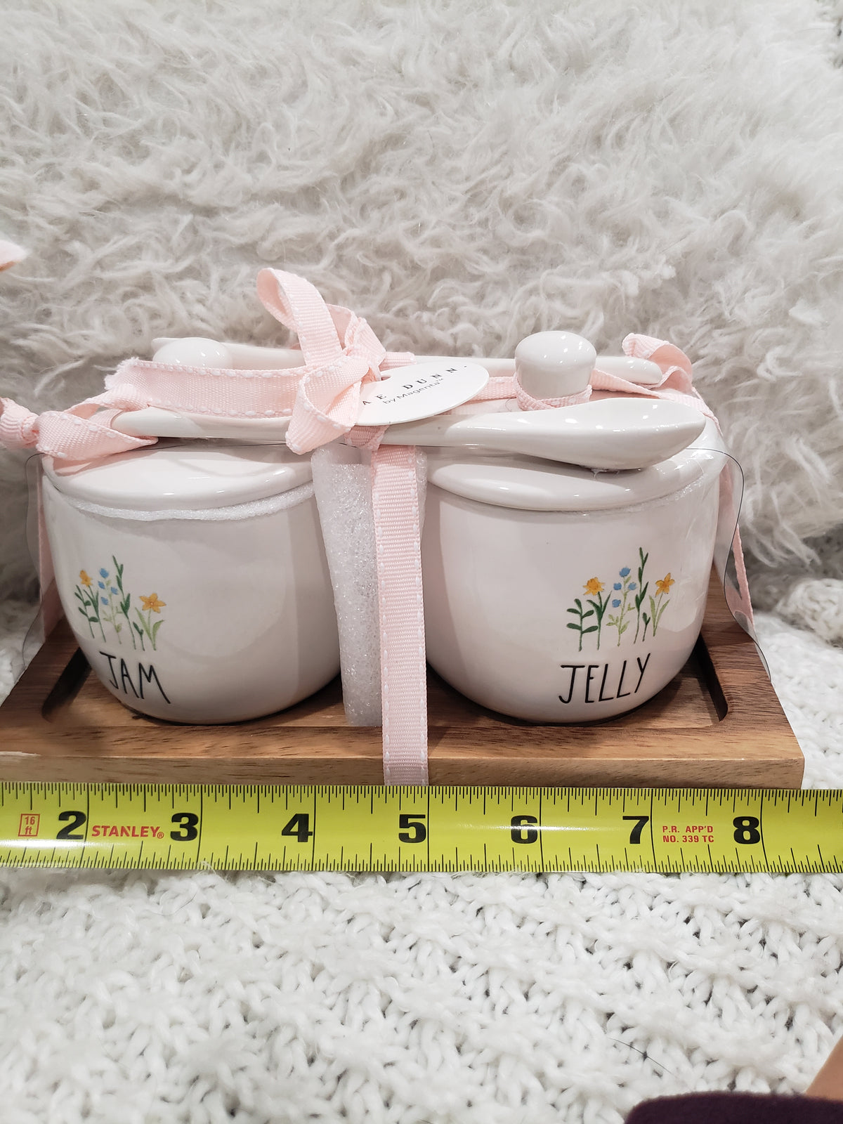 Rae Dunn &quot;Jam &amp; Jelly&quot; White Jars On A Wooden Server Spring Collection