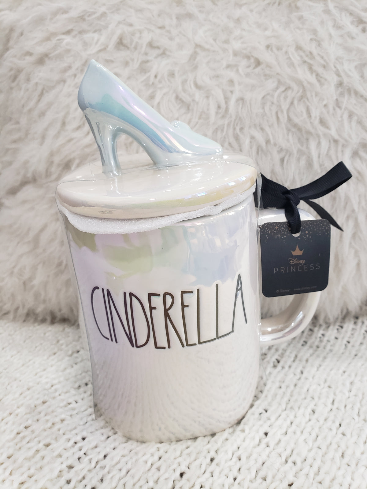 Rae Dunn &quot;Cinderella&quot; White Iridescent Mug &amp; Glass Slipper Mug Topper Disney&#39;s Princess Collection