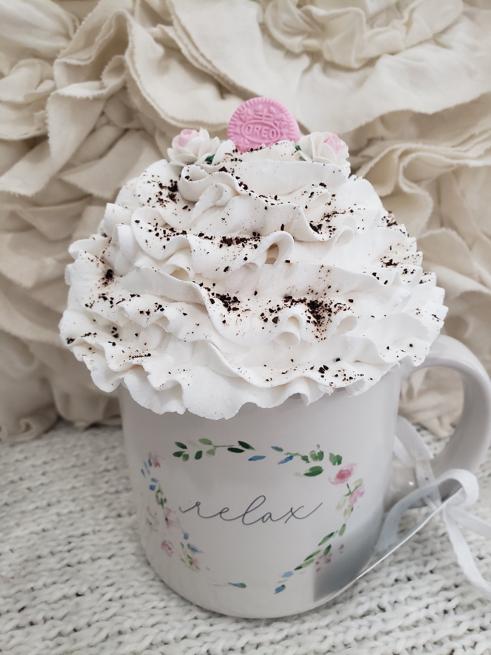 Pip Posh Design Faux Sweet Décor "Relax" Mug & Whipped Pink Oreo Topper Collection