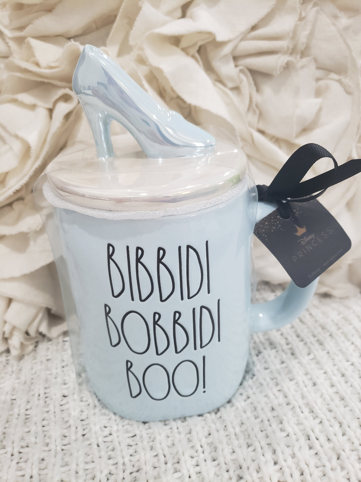 Rae Dunn &quot;Bibbidi Bobbidi Boo!&quot; Powder Blue Mug &amp; Glass Slipper Lid Warmer Disney&#39;s Princess Collection