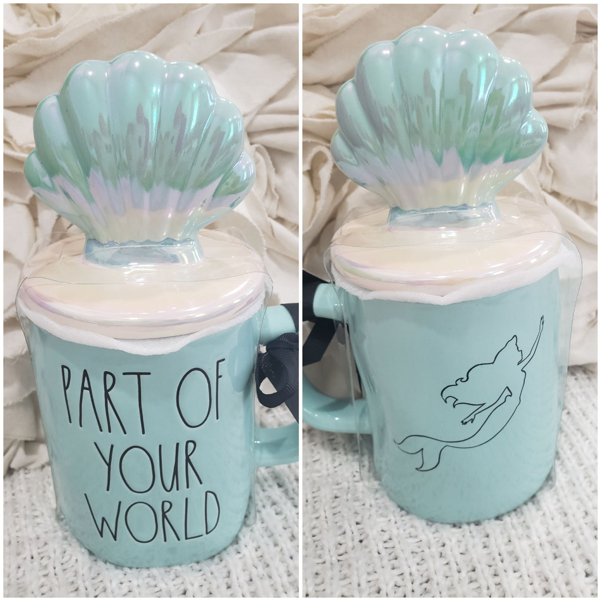 Rae Dunn &quot;Part Of Your World&quot; Double Sided Mug &amp; Shell Mug Topper Disney Princess Collection