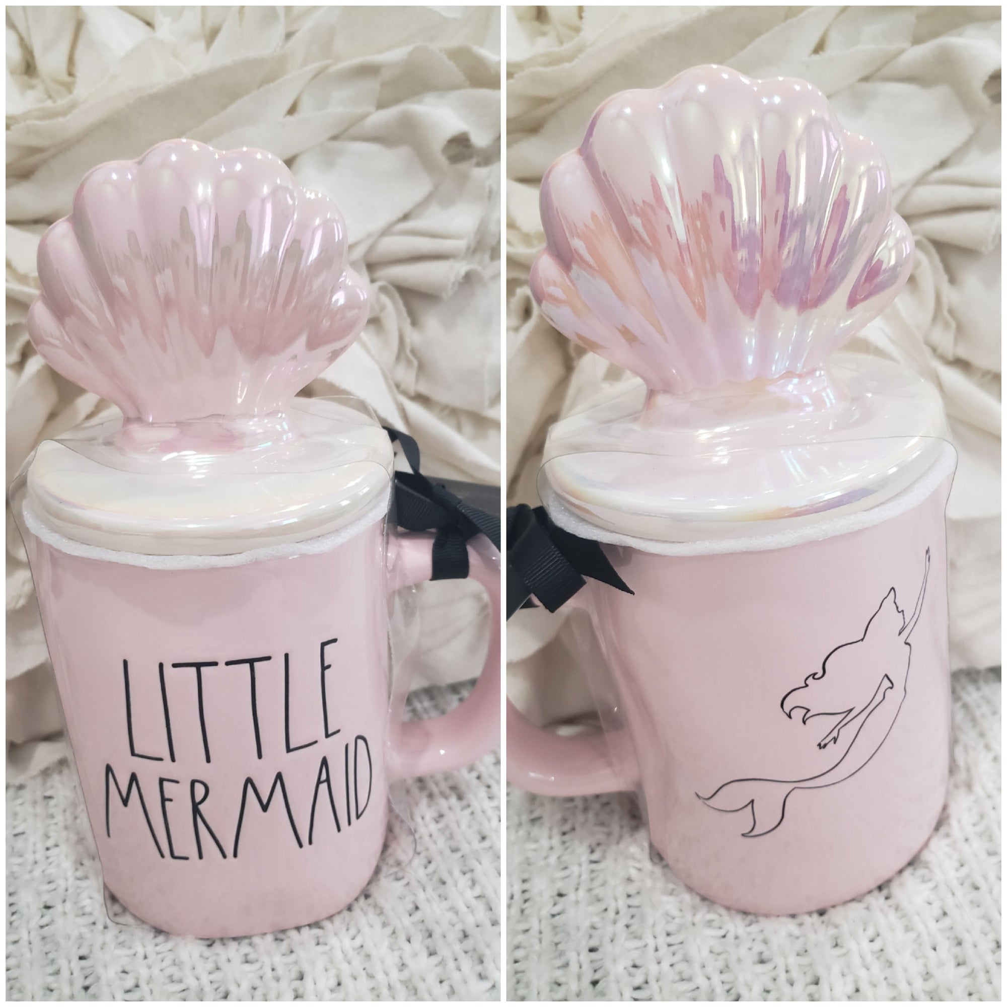 Rae Dunn "Little Mermaid" Aerial Powered Pink Double Sided Mug & Shell Mug Topper Disney's Little Mermaid Princess Collection.