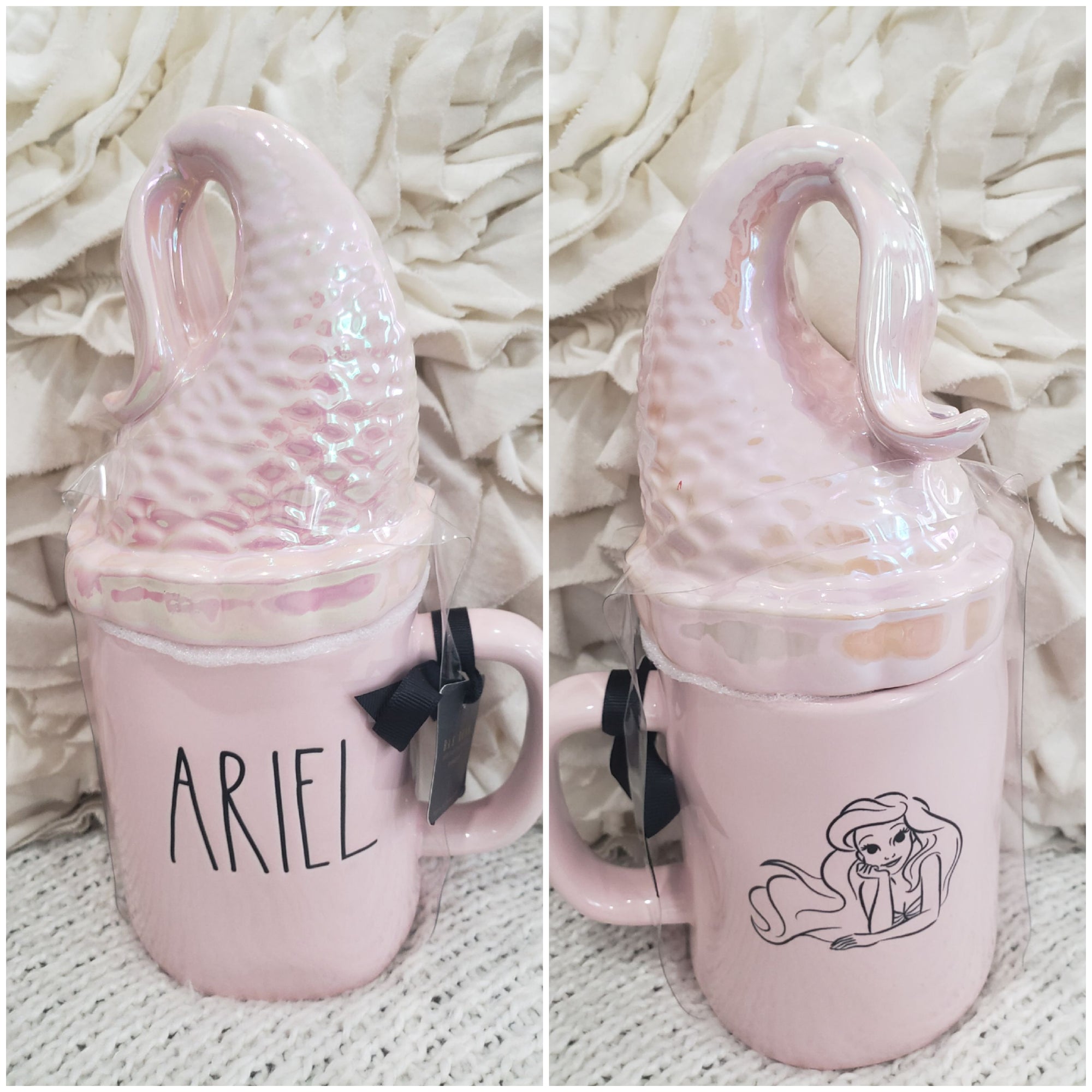 Rae Dunn "Ariel" Powder Pink Double Sided Mug & Mermaid Tail Lid Warmer Disney Princess Collection