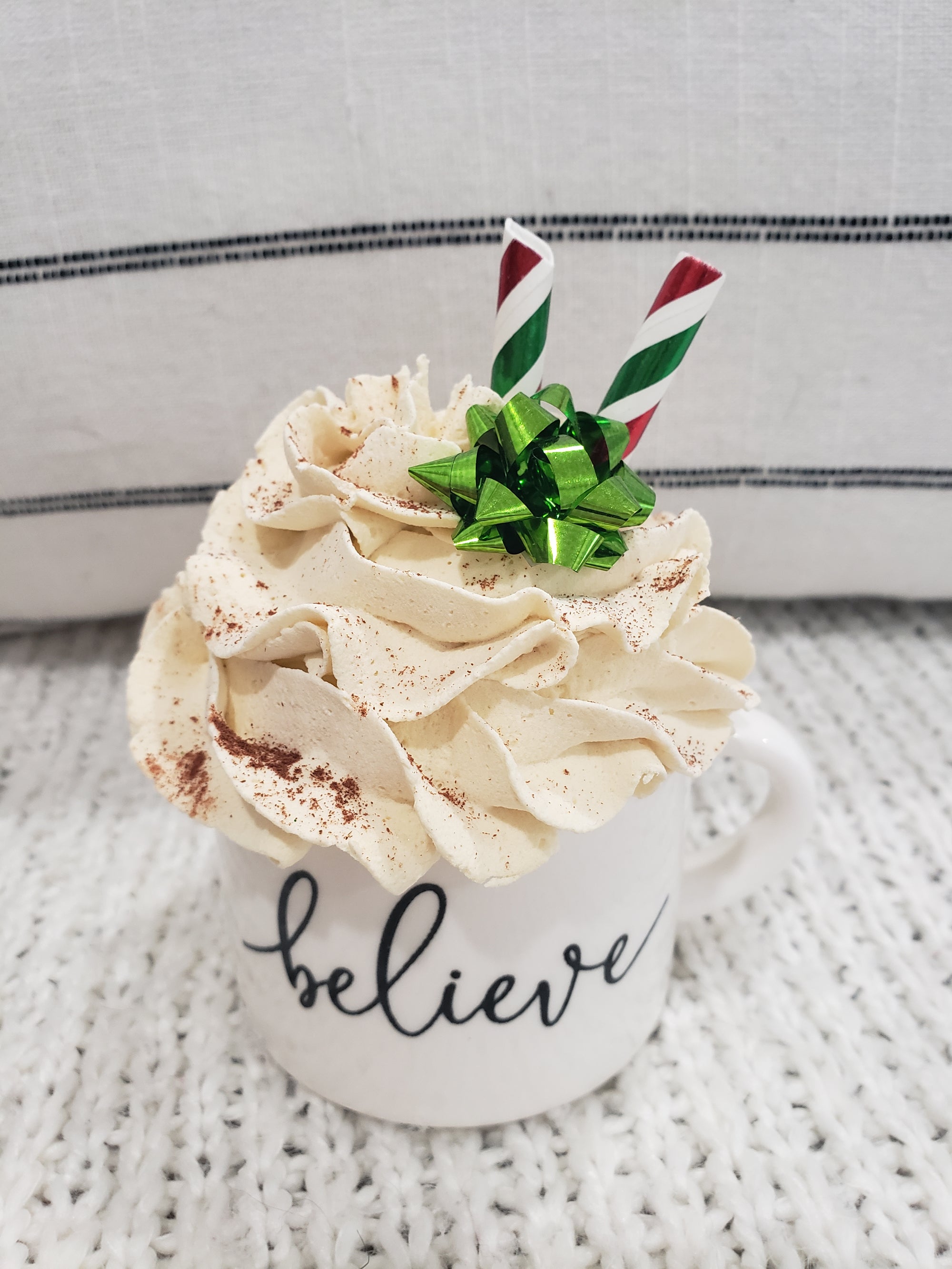 Pip Posh Design Faux Sweet Décor "Believe" White Mini Mug & Ivory Whipped Topper Holiday Collection