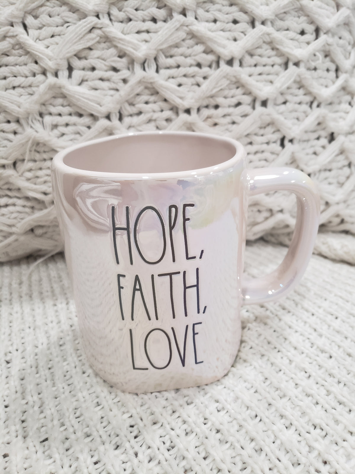 Rae Dunn &quot; Hope, Faith, Love&quot; White Iridescent Mug Collection