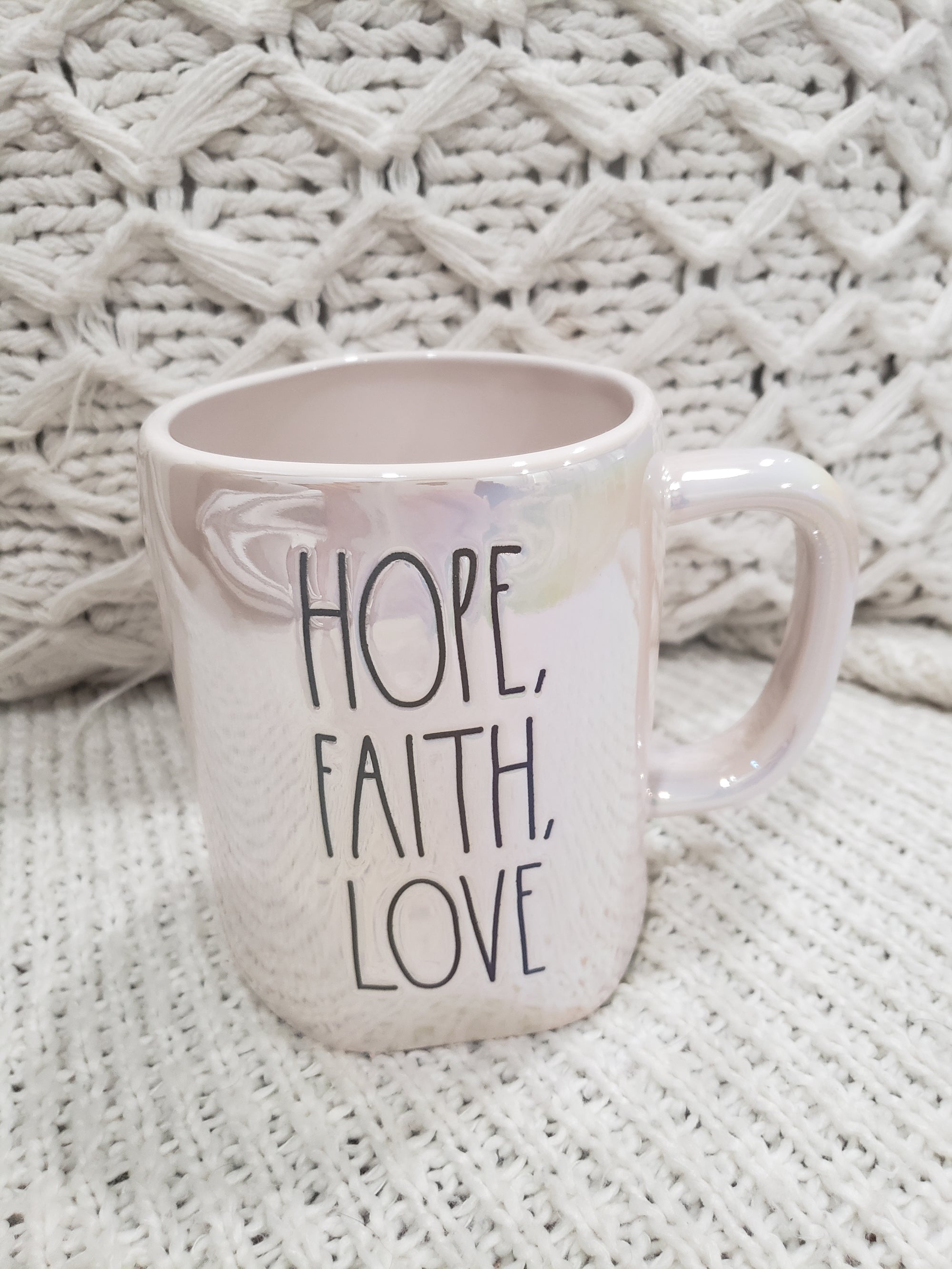 Rae Dunn " Hope, Faith, Love" White Iridescent Mug Collection