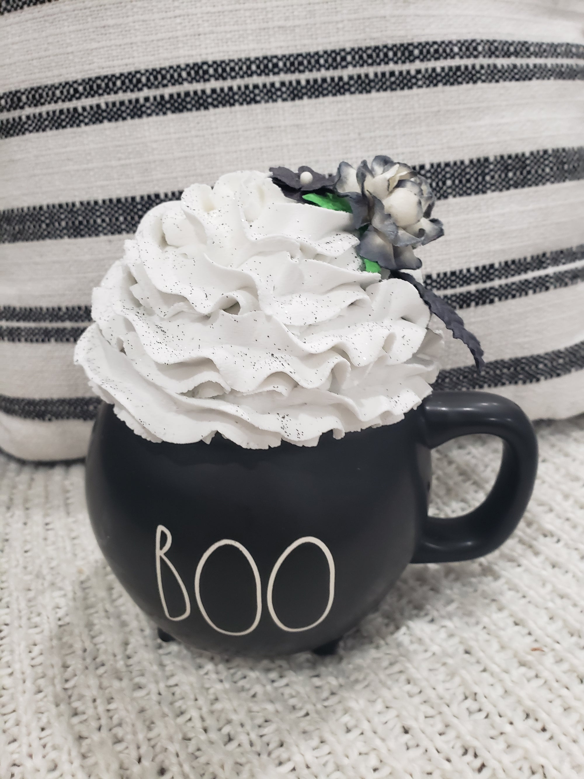 Rae Dunn "Boo" Black Cauldron Mug & Pip Posh Design Faux Sweet Décor White Whipped Topper Collection