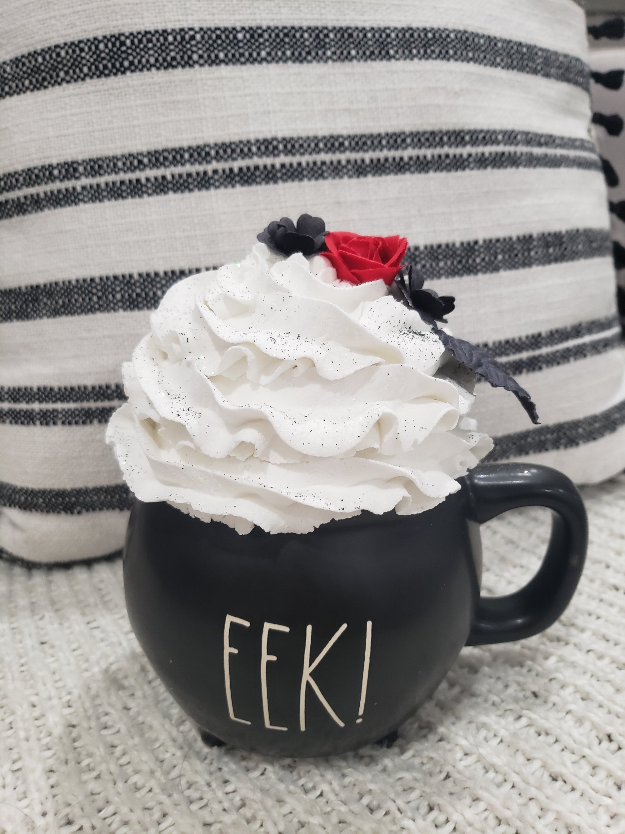 Rae Dunn "EEK!" Black Cauldron Mug & Pip Posh Design Faux Sweet Décor White Whipped Red Rose Topper Collection