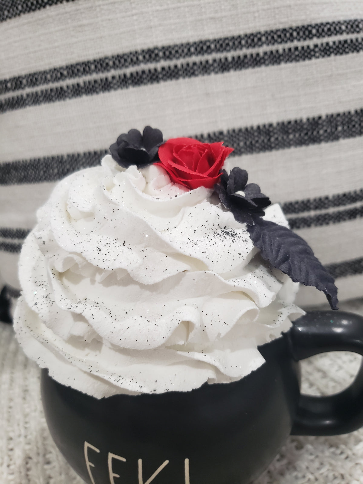 Rae Dunn &quot;EEK!&quot; Black Cauldron Mug &amp; Pip Posh Design Faux Sweet Décor White Whipped Red Rose Topper Collection