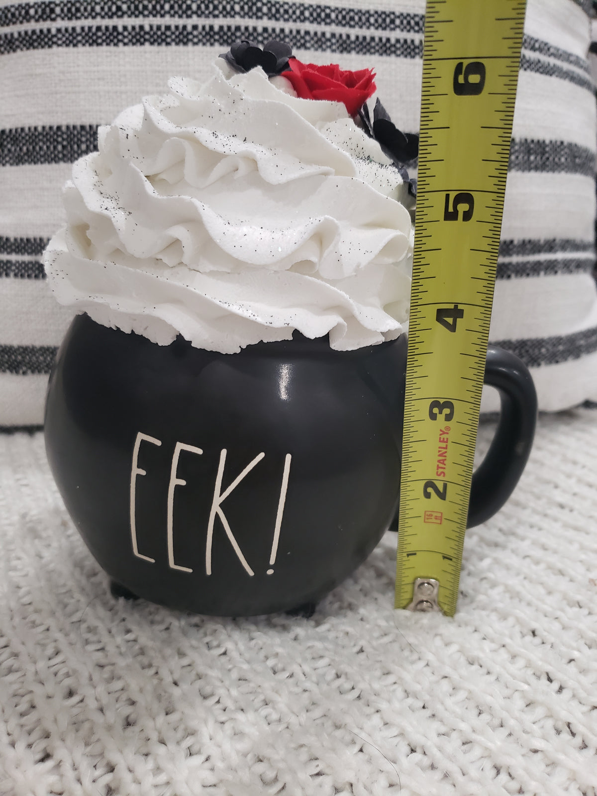Rae Dunn &quot;EEK!&quot; Black Cauldron Mug &amp; Pip Posh Design Faux Sweet Décor White Whipped Red Rose Topper Collection