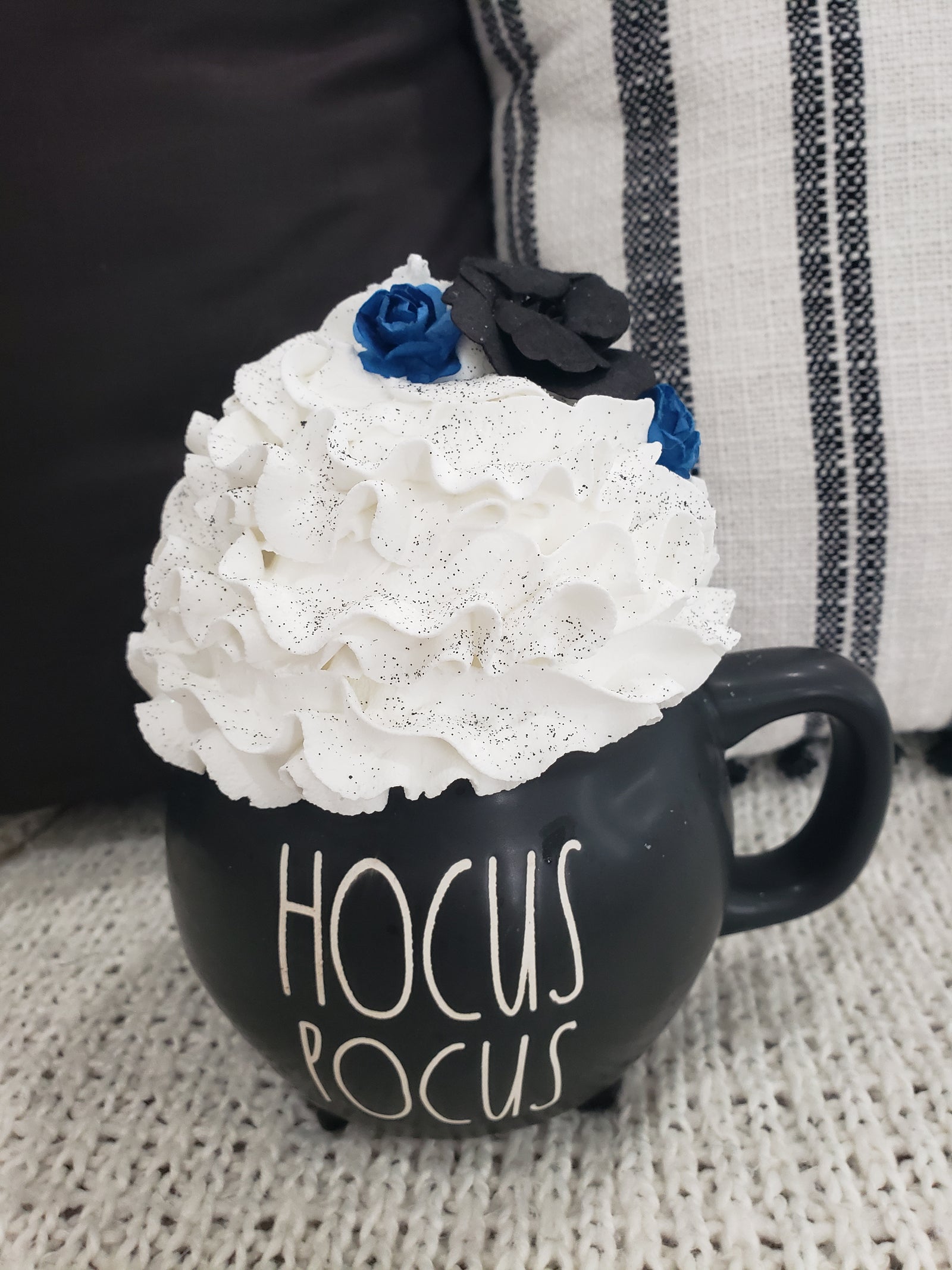 Rae Dunn "Hocus Pocus" Black Cauldron Mug & Pip Posh Design Faux Sweet Décor Black and Blue Flowers White Whipped Topper